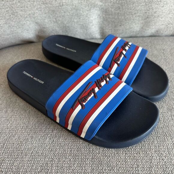 Tommy Hilfiger Women’s Logo Stripe Slides Sandals Patriotic Size 10M - Picture 1 of 5